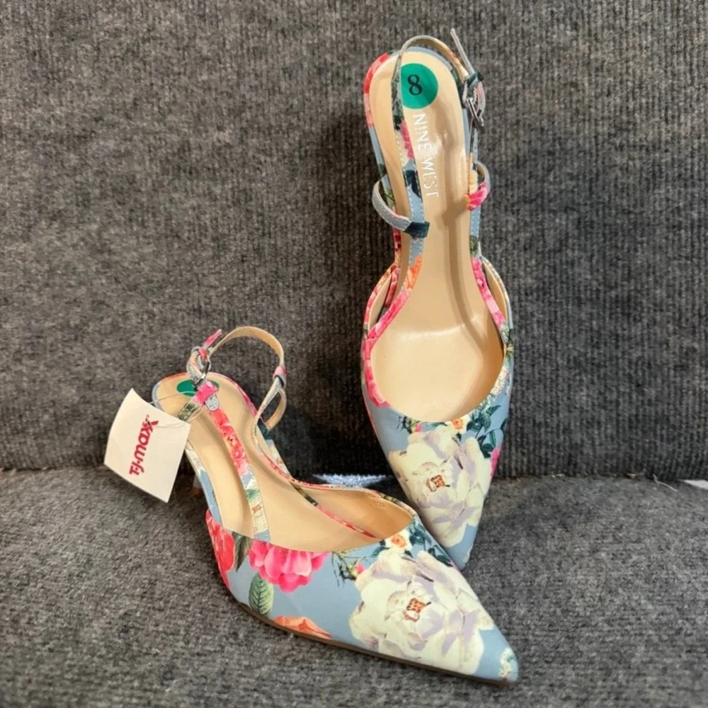 Nine West Womens Floral Slingback Pumps Blue Pink Pointed Toe Kitten Heel 8M NEW